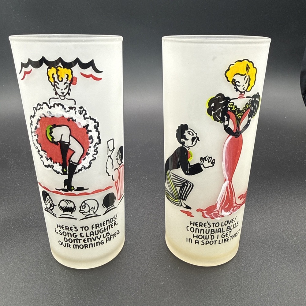 Vintage Federal Glass Set Of 2 "Gay Fad" Of The 20's-30's Frosted With Graphics